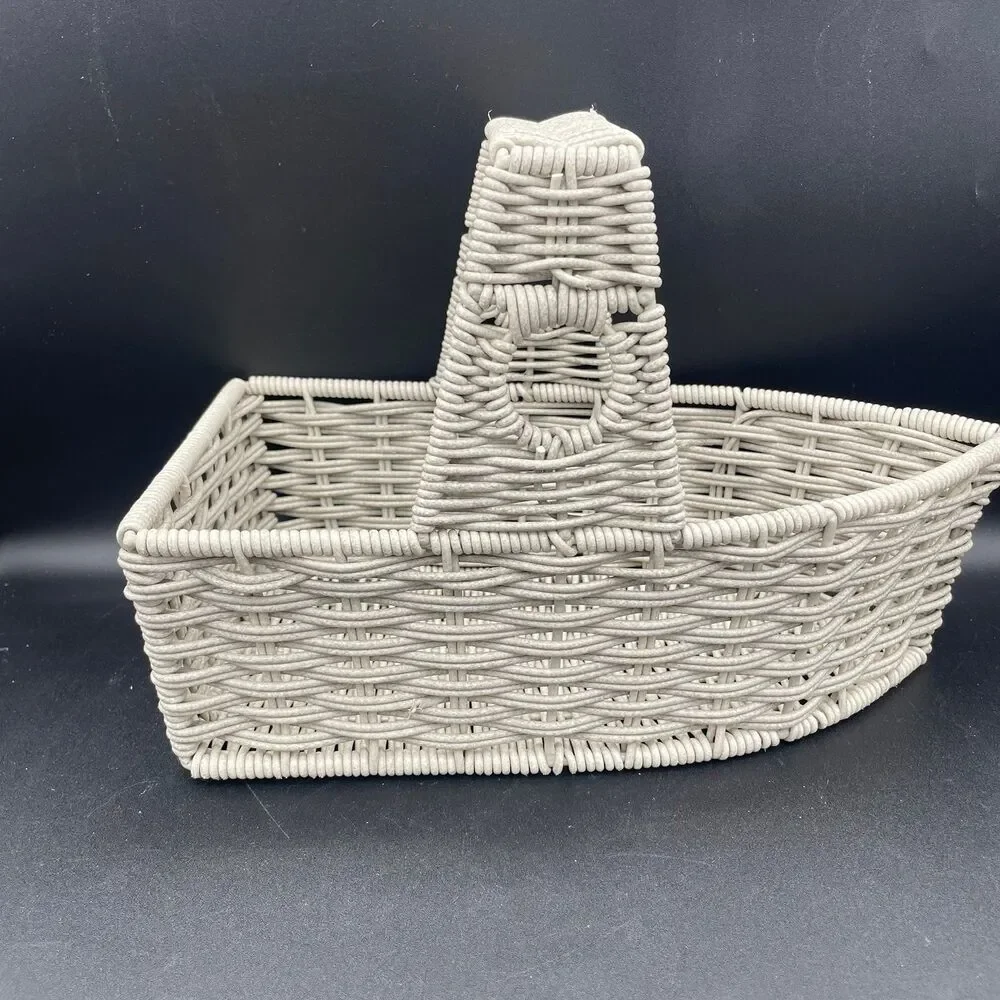 Vintage White Woven Faux Rattan Basket Metal Frame Heavy Weight Storage Caddy